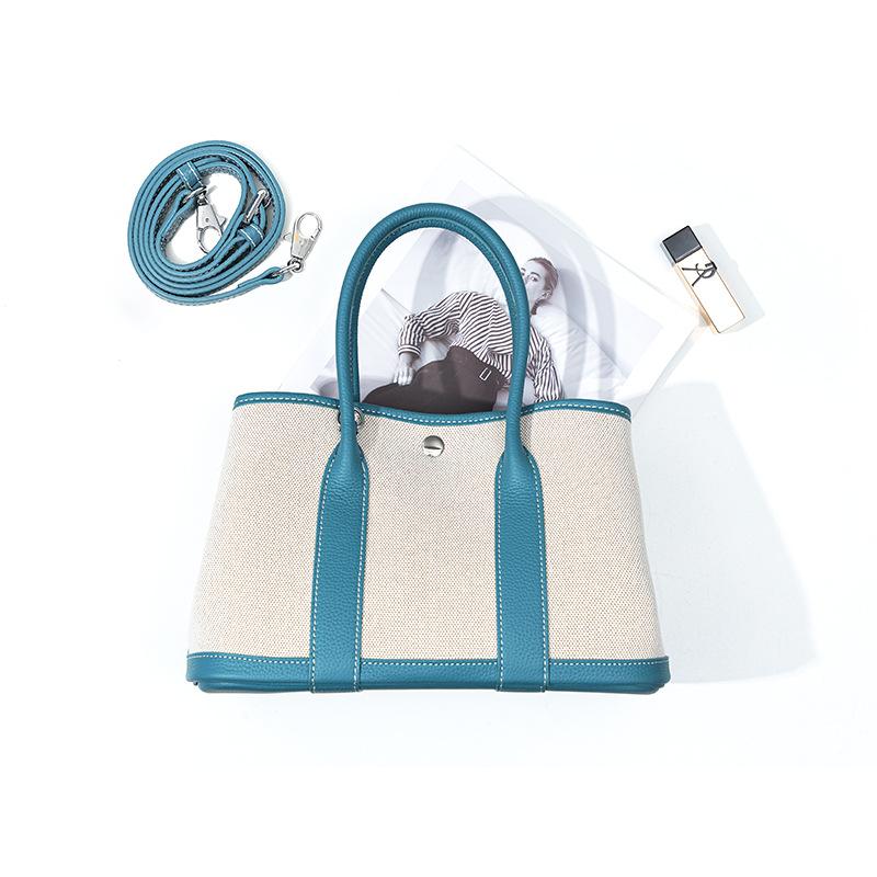 Niche high-end women's leather handbag, first-layer cowhide large-capacity canvas contrasting color garden tote bag