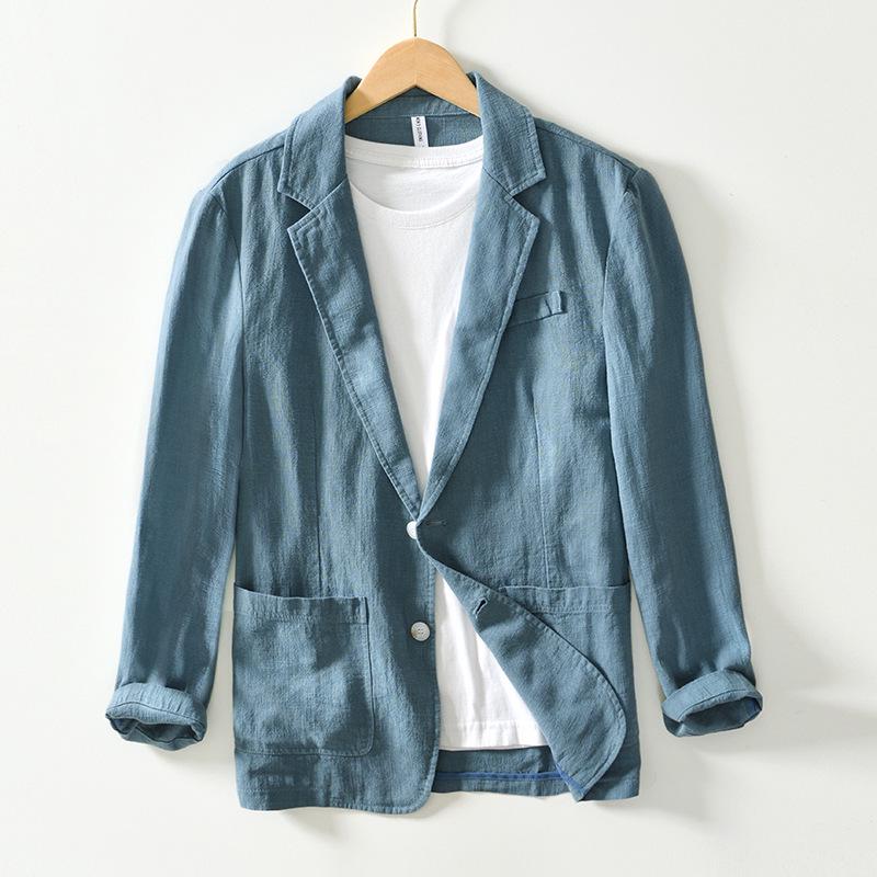 

Мужской пиджак в стиле business casual из хлопка и льна: Свободный крой, Однотонный, Однослойный M зелёный