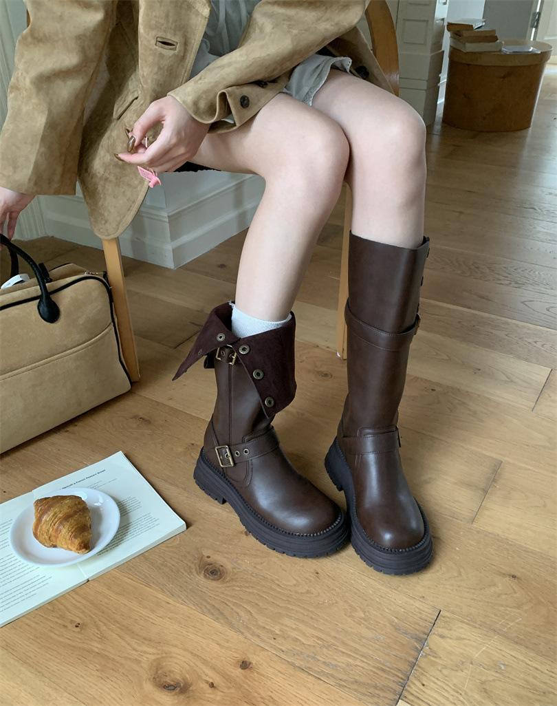 

Retro British style boots women s 2025 spring and autumn new brown but knee height increase thick heel platform knight boots 39 темно-коричневого кольору