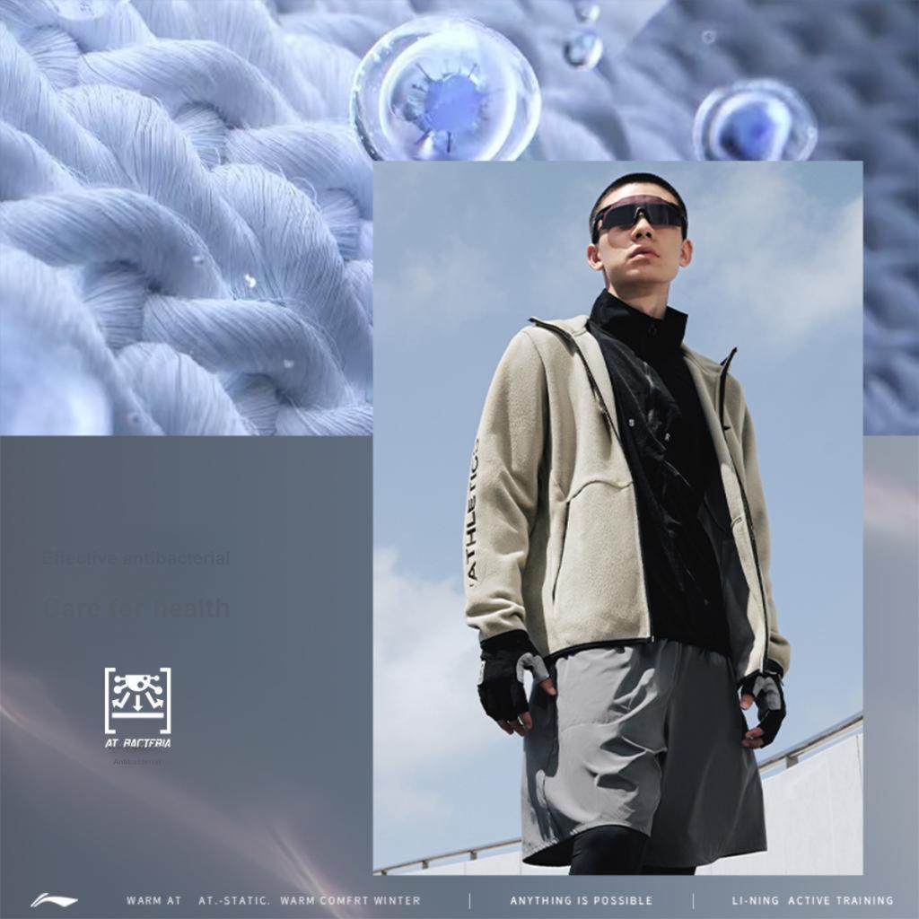 Li Ning Fitness Series Solid Color Logo Zip Hooded Fleece Long Sleeve Jacket Men Jackets Stone-Grey AFDUD03-2