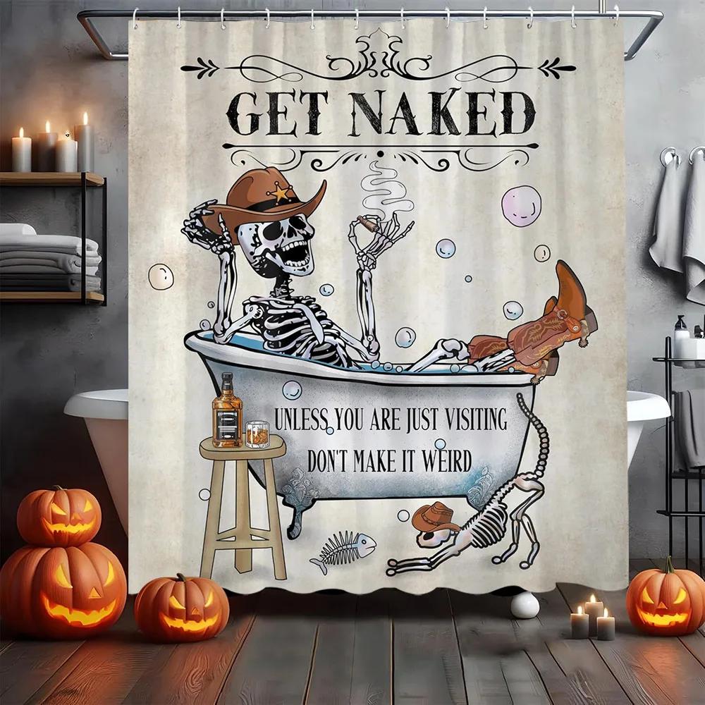 Gothic Skull Skeleton Shower Curtain Halloween Vintage Spooky Funny Black Rose Bone in Bathtub Retro Floral Unique Bathroom Deco