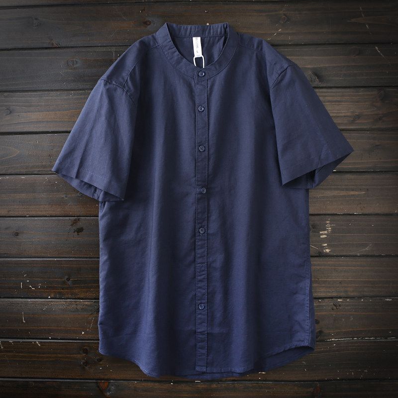 Cotton and Linen Washing Process! Export Tail Goods Summer Men Small Stand Collar Pure Color Linen Breathable Short Sleeve Shirt Top