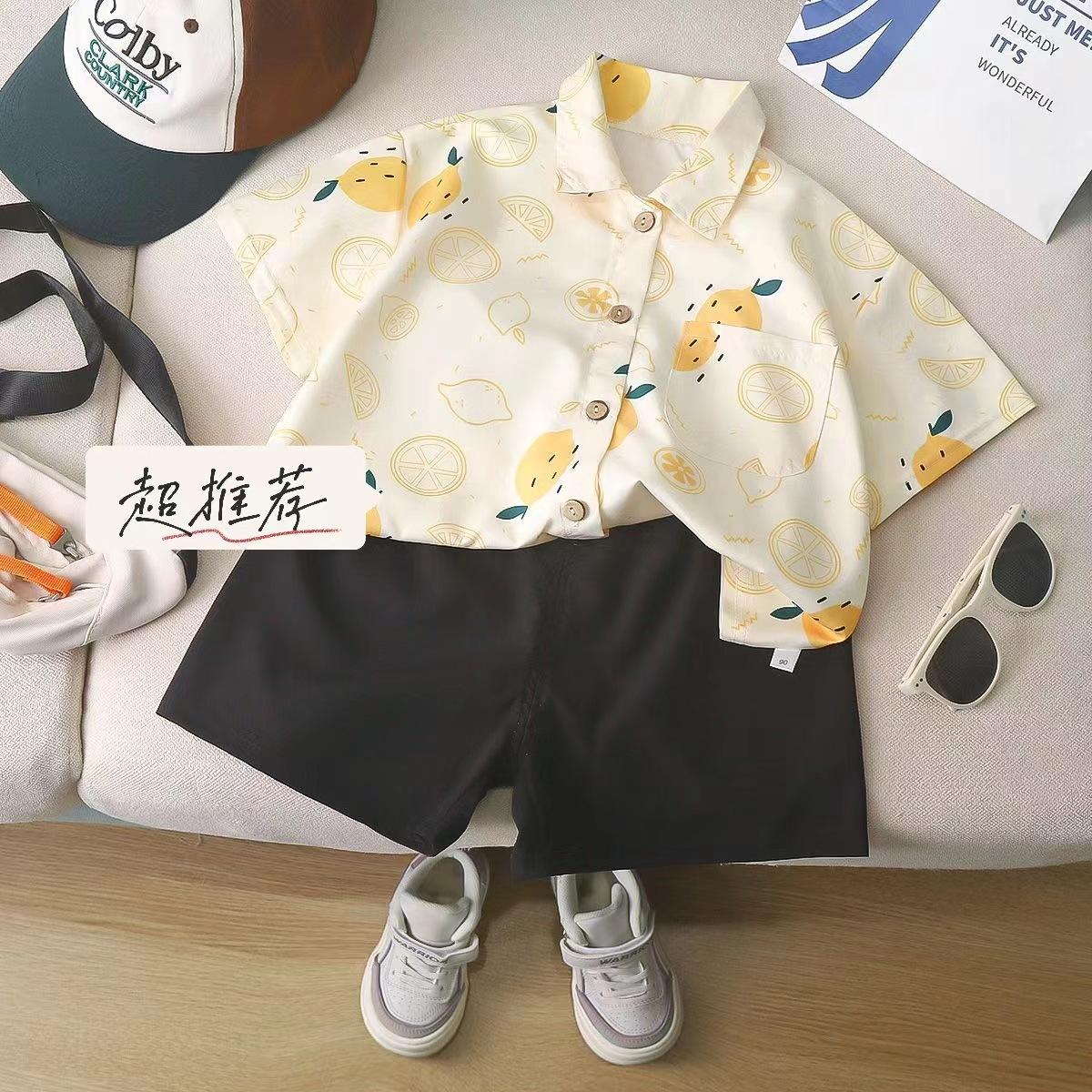 Boys Summer Thin Lemon Yellow Loose Short Sleeve Shirt Kids Dopamine Beach Top Casual Button Down Blouse for Toddler 80cm