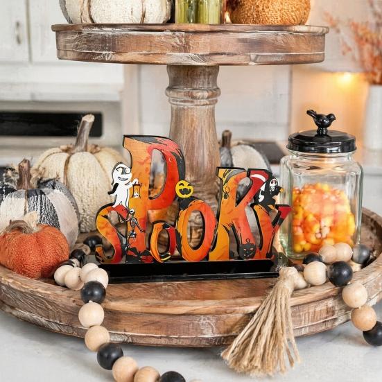 Stable Base Halloween Decor Wooden Tabletop Ornaments, Freestanding Solid Wood Letter Signs, Decorative Table Centerpiece Word Signs with Pumpkin And