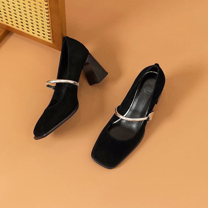 

Новые ретро туфли на высоком каблуке с квадратным носком и металлической перемычкой; Бархатные туфли-лодочки на толстом каблуке, универсальные одинарные туфли для юбок, каблуки, женские 40 чёрный
