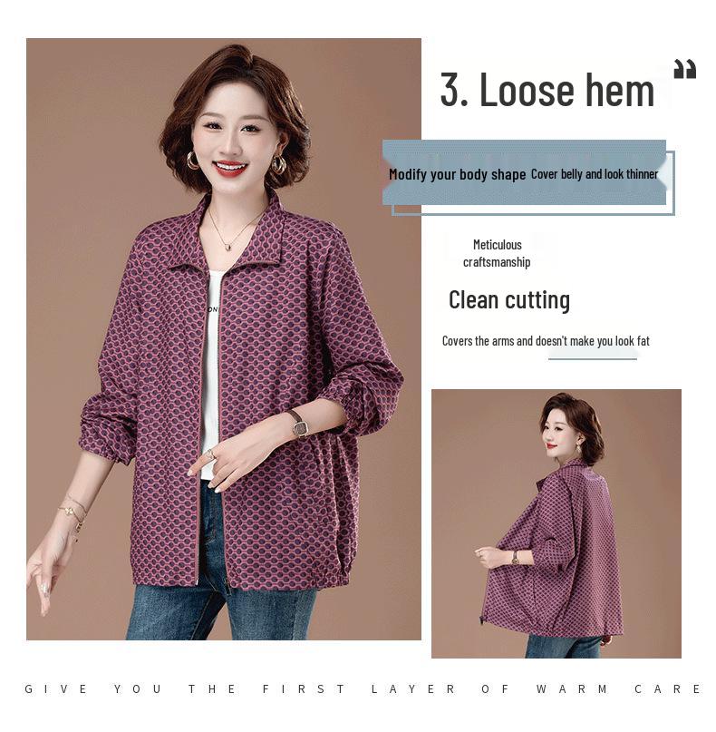 Polka Dot Stand Collar Plus Size Jacket for Women - Stylish Spring/Autumn Trench Coat for Middle-Aged Moms