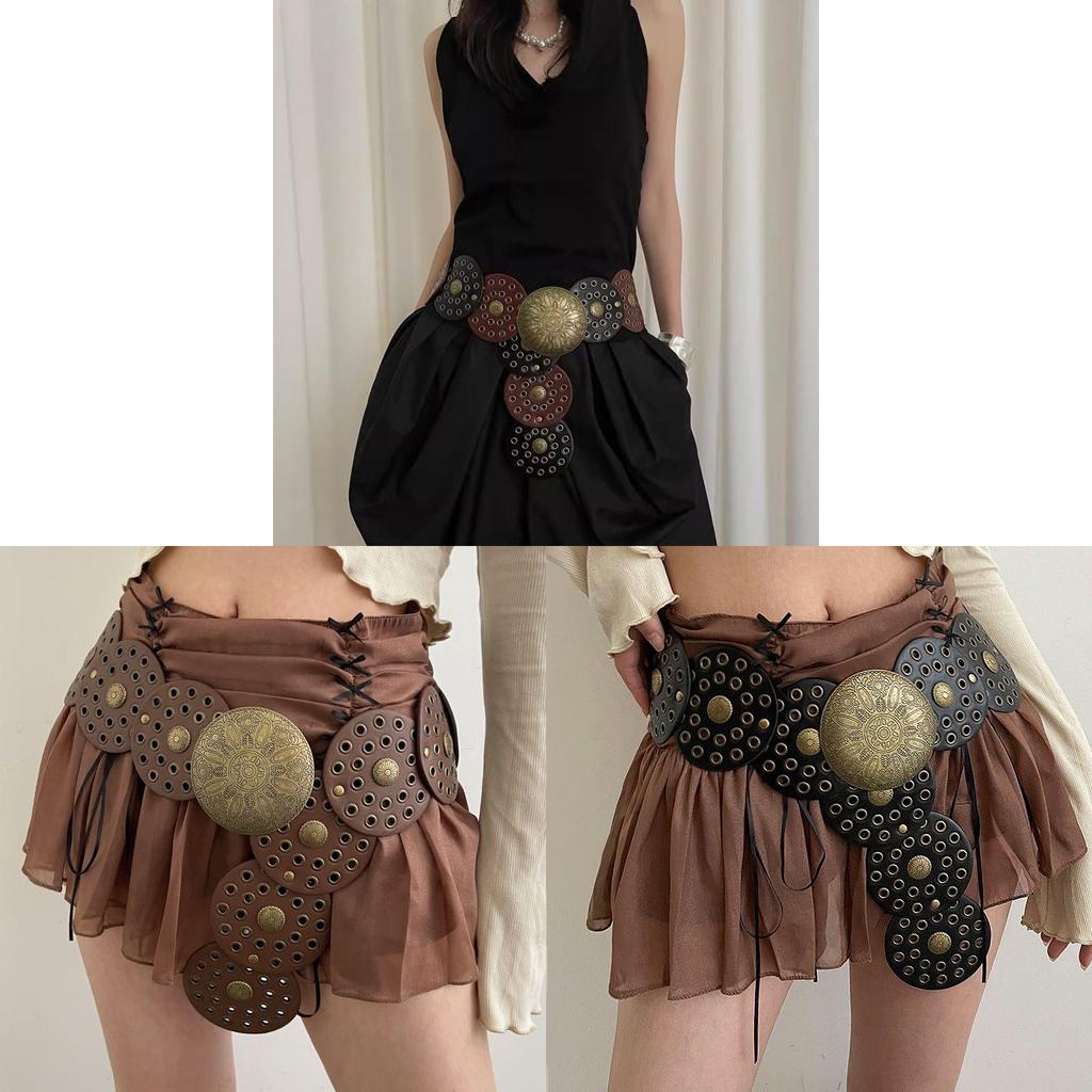 Retro Western Pu Leather Belt For Women With Metal Conchos And Rivets For Dress Accessories