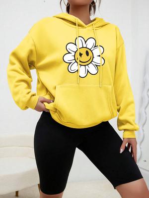 Uśmiechnięta twarz Kwiatowy nadruk Streetwear Kobiety Kreatywność Ciepła bluza z kapturem Jesień Polarowa bluza Wygodna kieszeń Damskie ubrania