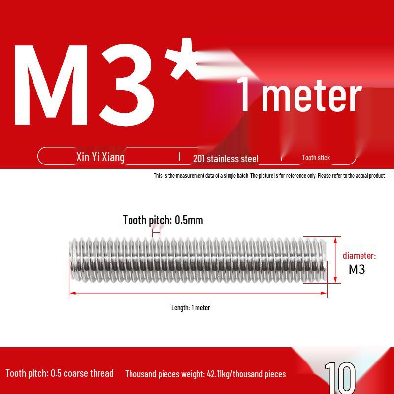 304 Stainless Steel Full Threaded Rod, 1 Meter, available in sizes M3, M6, M8, M10, M12.