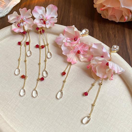 1 Pair Drop Earrings Bright Color Fabric Flower Rhinestones Tassel Long Earrings Holiday Statement Earrings