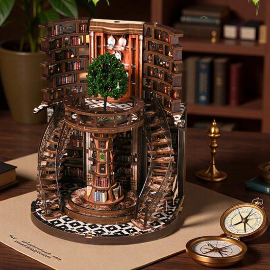 DIY Book House Kit with LED Light Handmade Vintage 3D Wooden Puzzle Bookstore Miniature Dollhouse Bookshelf Decoration Book Lover Gift