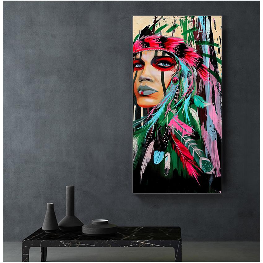 Postere și imprimeuri cu pene pentru decor de perete pentru camera de zi Pop Art Fată indiană Picturi murale de artă pe pânză Acuarelă femeie indiană