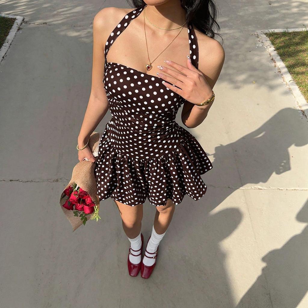 2026 Summer European & American Polka Dot Halter Backless Dress - Sexy Slim Fit Short Skirt