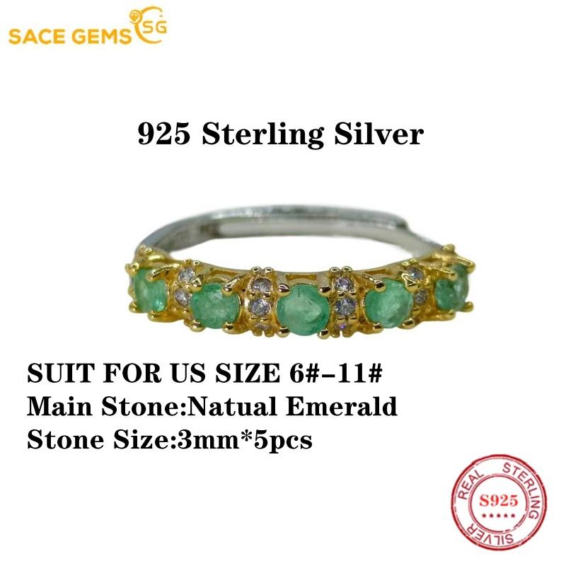 SACE GEMS 925 Sterling Silver 3MM Natual Emerald Rings for Women Engagement Cocktail Party  Jewelry
