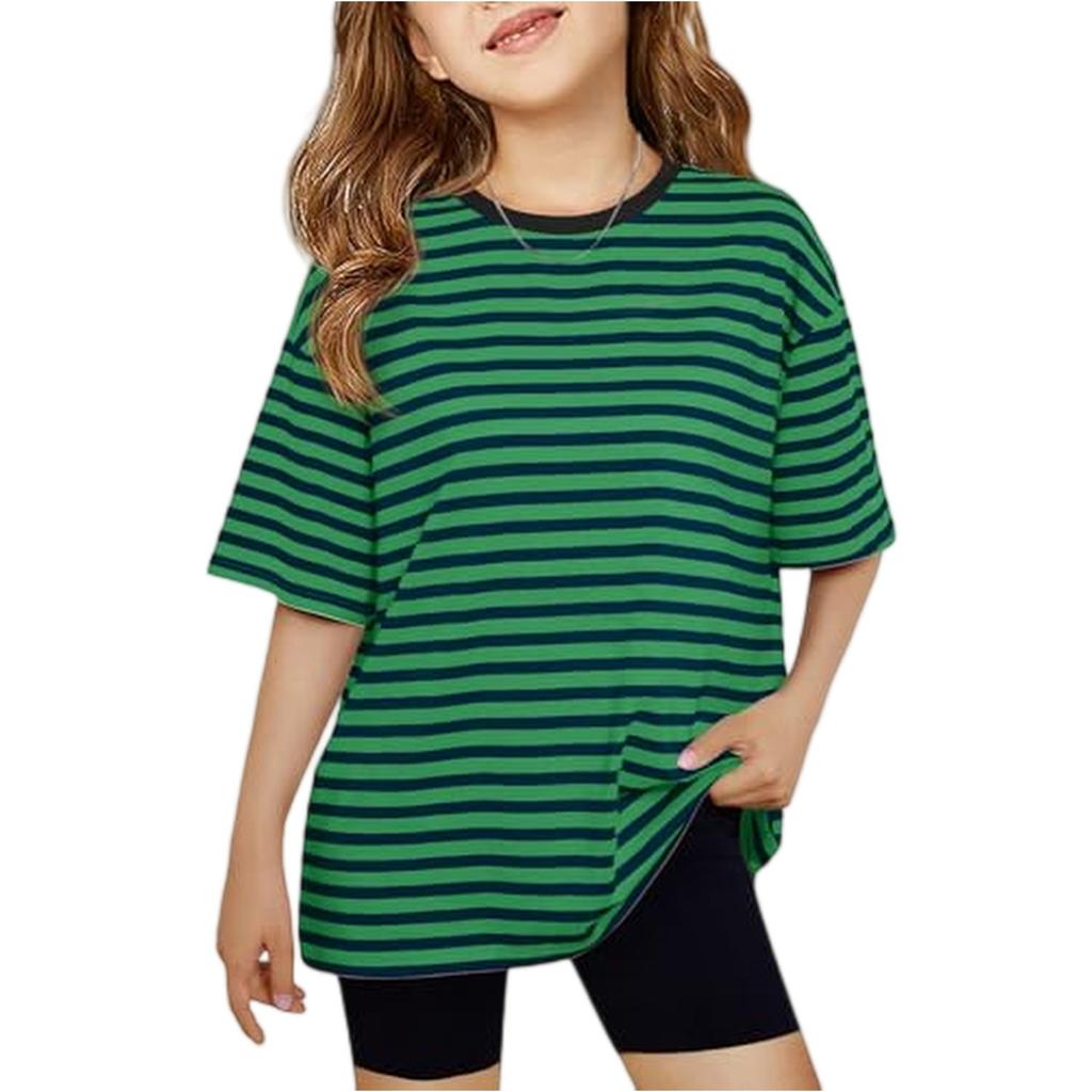 Girls Short Sleeve Striped T Shirt Crewneck Loose Fit Casual Cotton Tee for Kids Lightweight Breathable Top for Summer Daily Wear