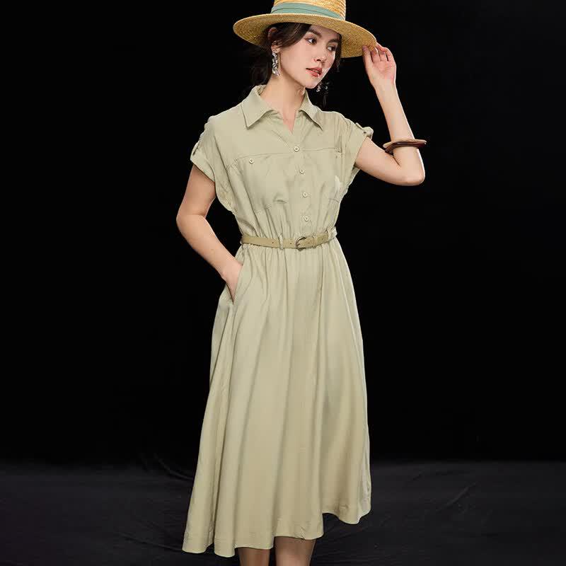 Wudao Tencel Linen Blend Short-Sleeve Shirt Dress with Belt