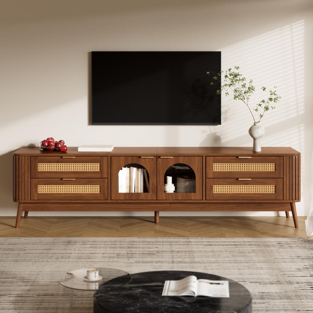 TV Cabinet, Tempered Safety Glass Doors, App-Controllable LED Lighting, Living Room Storage Cabinet, Chipboard, Solid Wood Legs, Four Drawers