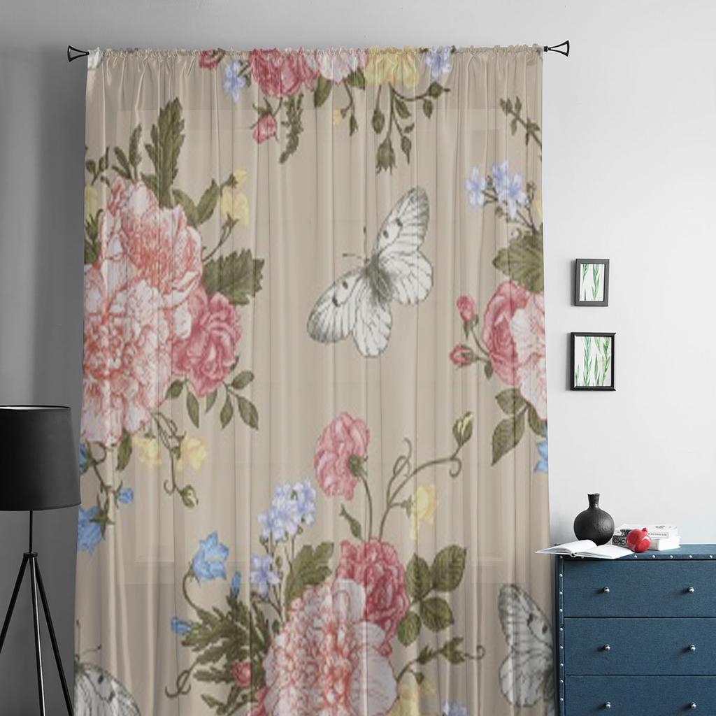 Blumenstrauß aus bunten Blumen Chiffon Transparente Vorhänge für Wohnzimmer Schlafzimmer Küchendekoration Fenster Voiles Tüllvorhang