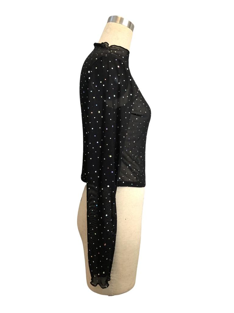 2025 Spring/Summer Women's Stand-Up Collar Sequin Mesh T-Shirt