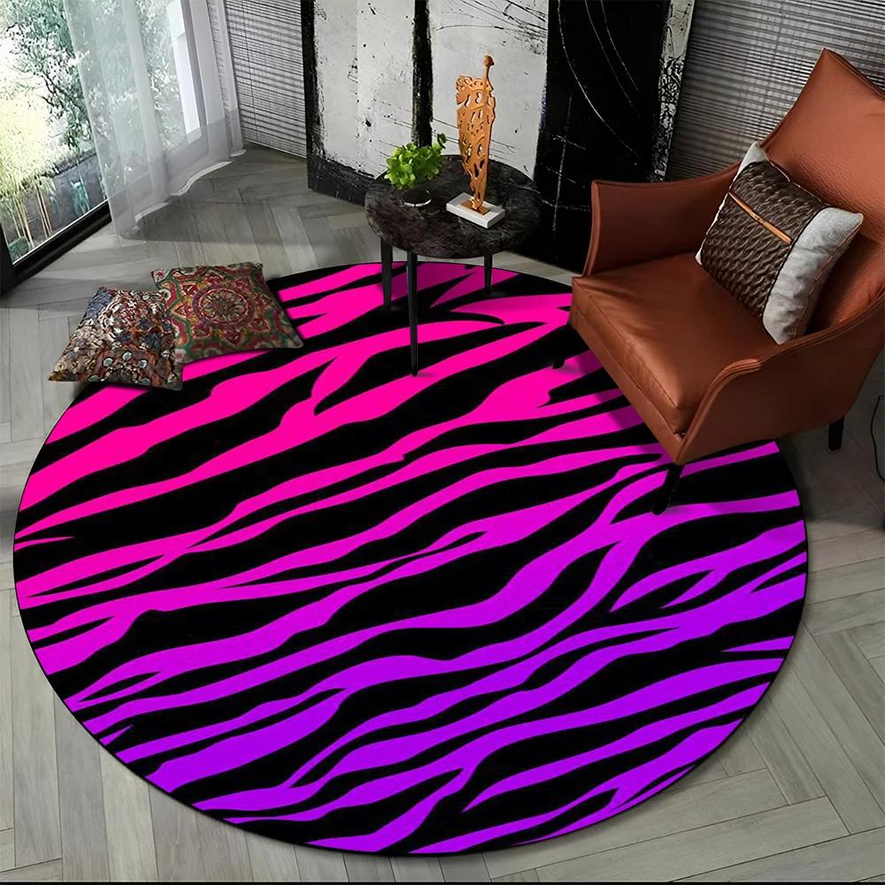 3D Barevný Pruhovaný Vzor Zebra Kulatý Koberec pro Obývací Pokoj, Ložnici, Dětský Herní Koutek Dekor, Protiskluzová Podložka do Zóny pro Domácí Mazlíčky