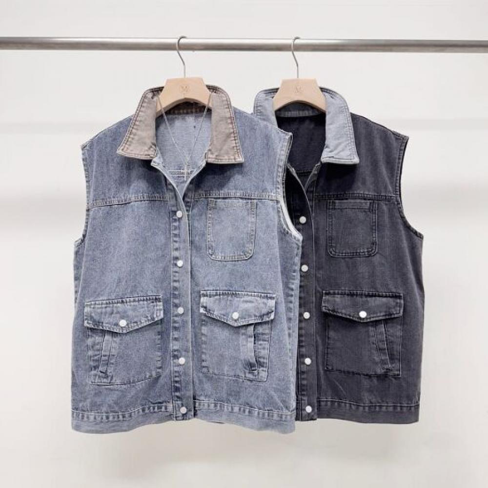 Mizqz Oversized Denim Vest With Contrast Collar Washing