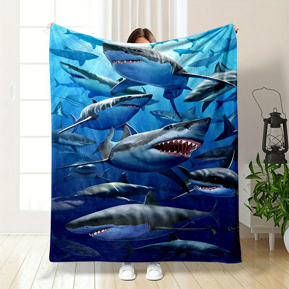 Sharks Underwater Ocean Scene Patterned Blanket, Flannel, Suitable for All Seasons, Home Decor, Warm and Cozy