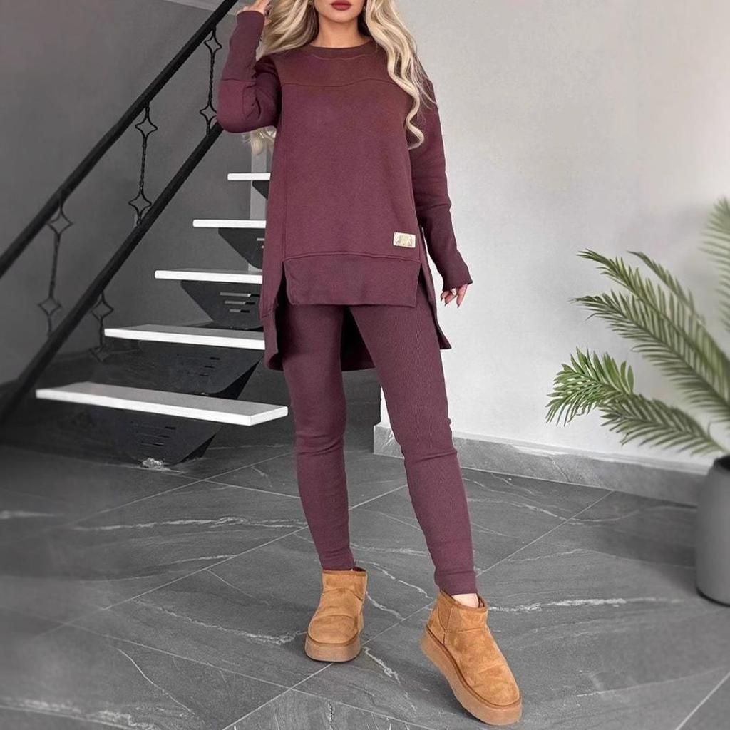 2025 Women's Autumn/Winter Casual Solid Color Long Sleeve Slit Top Set