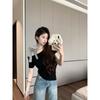 Bow Strap Grey Slant Neck Short Sleeve T-Shirt Women's Summer Design Folds Irregular Spice Girl Off-Shoulder Top