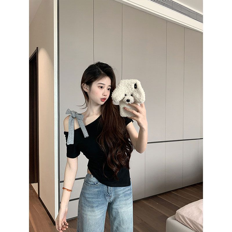 Bow Strap Grey Slant Neck Short Sleeve T-Shirt Women's Summer Design Folds Irregular Spice Girl Off-Shoulder Top