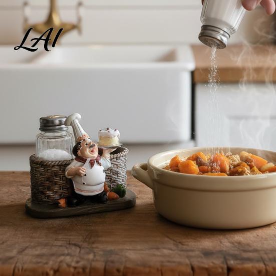 Pepper Shaker Salt And Shakers Set Decorative Resin Chef Statue Spice Bottles Organizer Glass Seasoning Holder for Kitchen Dining Centerpiece