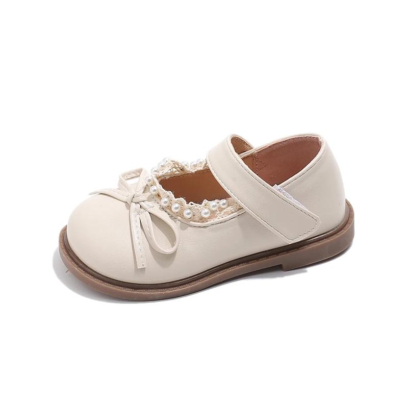 

New Girls Princess Leather Shoes Kids Party Shoes Elegant Sweet Versatile Children Bowknot Flat Shoes for Wedding Performance 21 бежевий