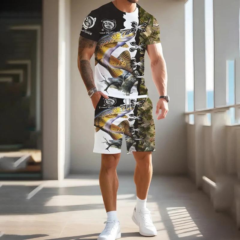 Outdoor Men's Tee Sets Fishing Print Summer Casual Short Sleeve Pullover T-shirts Drawstring Pants Set Male Overszied Clothing
