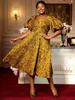Plus Size Floral Jacquard Dress with Puff Sleeve Sweetheart Neck High Waist Perfect for Weddings Dinner Party Elegant Daytime Event