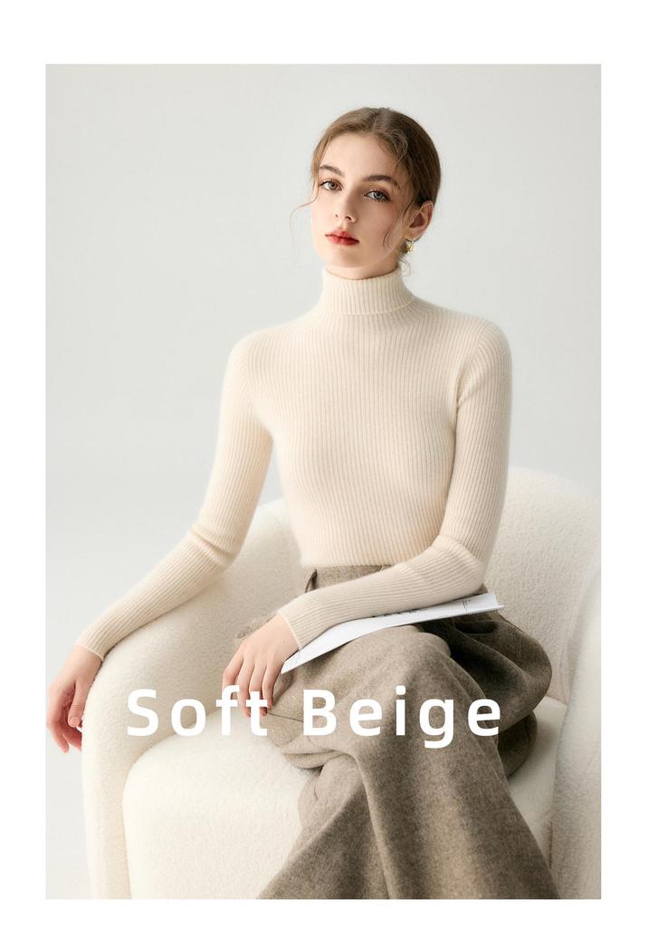 Women's Slim-Fit High-Neck Cashmere Sweater: Seamless, Solid Color, Figure-Flattering Knit.