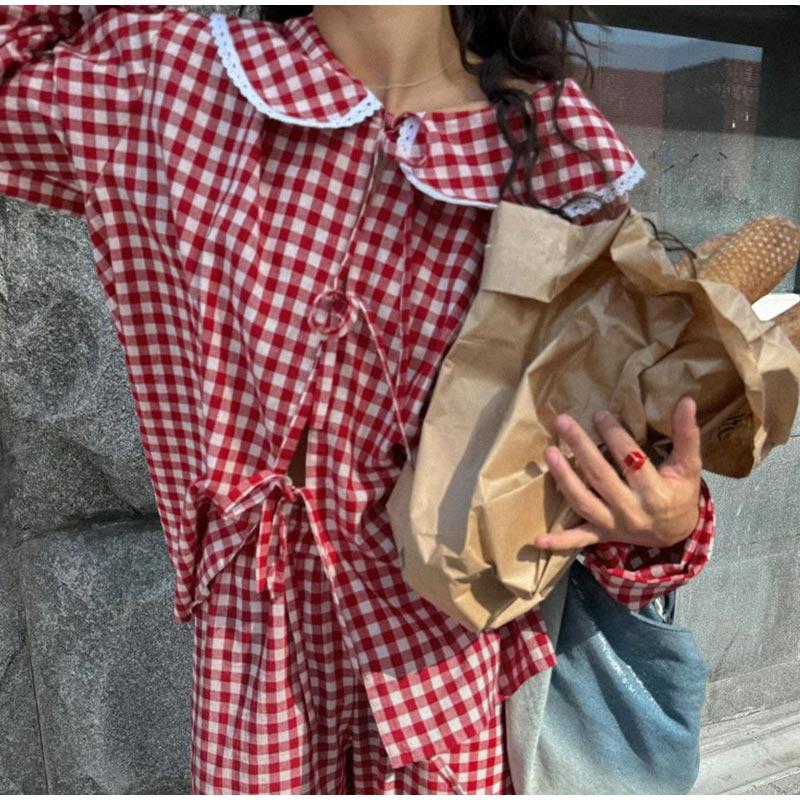 Plaid Shirt Pants Sets Women Peter Pan Collar Lace Up Long Sleeve Shirts Wide Leg Trousers 2 Pieces Suits Female Casual Outfits