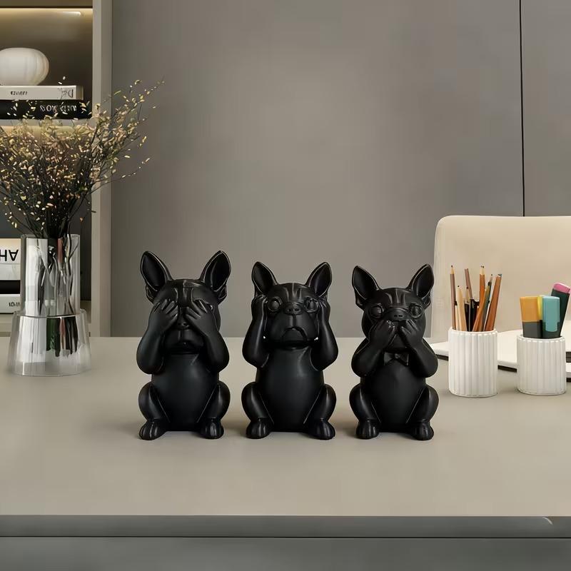 Three Smart Dog French Bulldog Statue Ornament, Listen, Look, Speak Smart Dog Statue, Desktop Decoration Gift For Dog Lovers