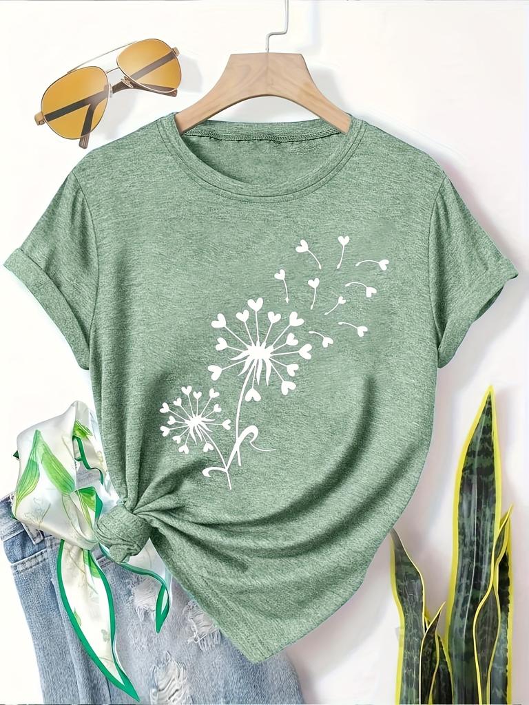 Dandelion Birds Women's Tee - Delicate Graphic, Casual Teal Top