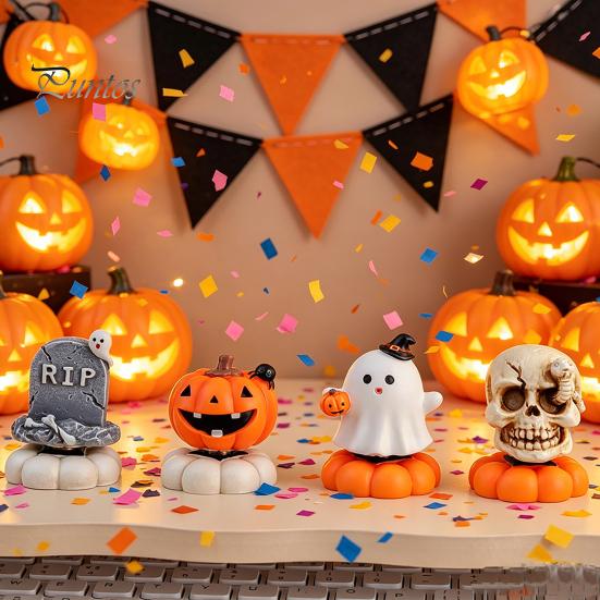 Desktop Halloween Decorations 2Pcs Rotating Tombstone/Pumpkin/Ghost/Skull Figurine, Funny Toy, 360 Resin Pumpkin Figurines Degree Swivel Ornaments for