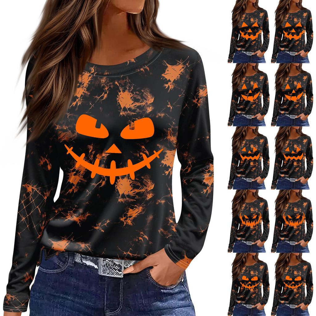 Women's Long Sleeve Halloween Print Top with Round Neck and Side Slit Hem