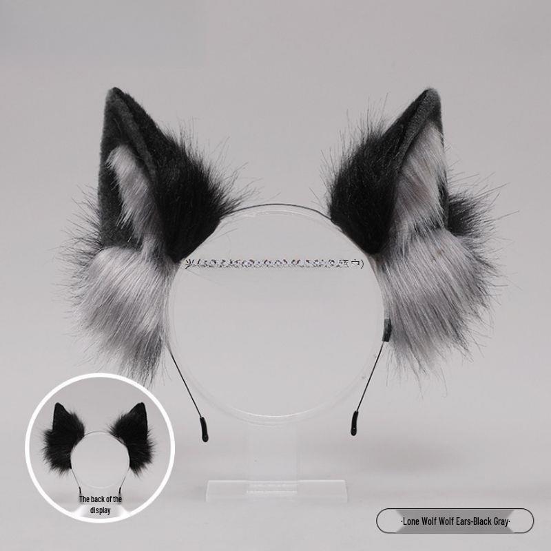 Sada zvířecích uší a ocasu: Čelenka a doplňky s hlavou kočky a vlka