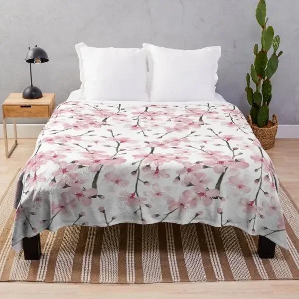 White Pink Cherry Blossom Flannel Throw Blanket Romantic Flowers King Queen Full Size For Living Room Sofa Couch Lightweight