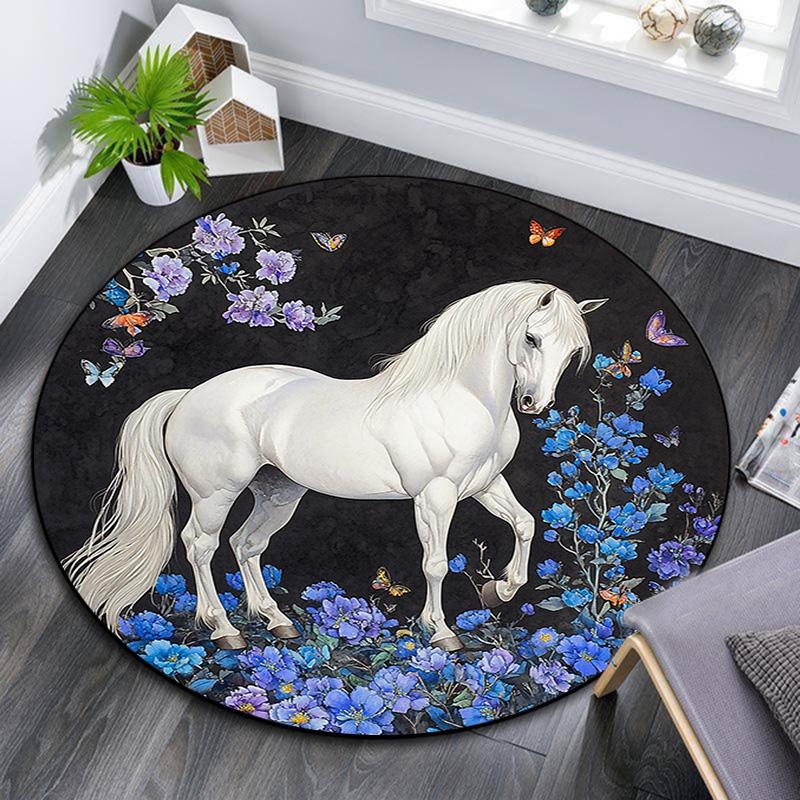 White Horse Round Area Rug,Carpet Rug for Living Room Bedroom Sofa Playroom Decor,Non-slip Floor Mat