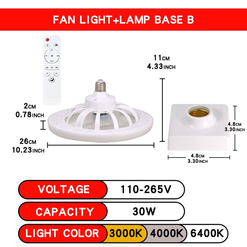 LED Ceiling Fan Light E27 With Remote Control Dimming 3-speed Ddjustable Wind Speed Suitable for Living Room Study Bathroom