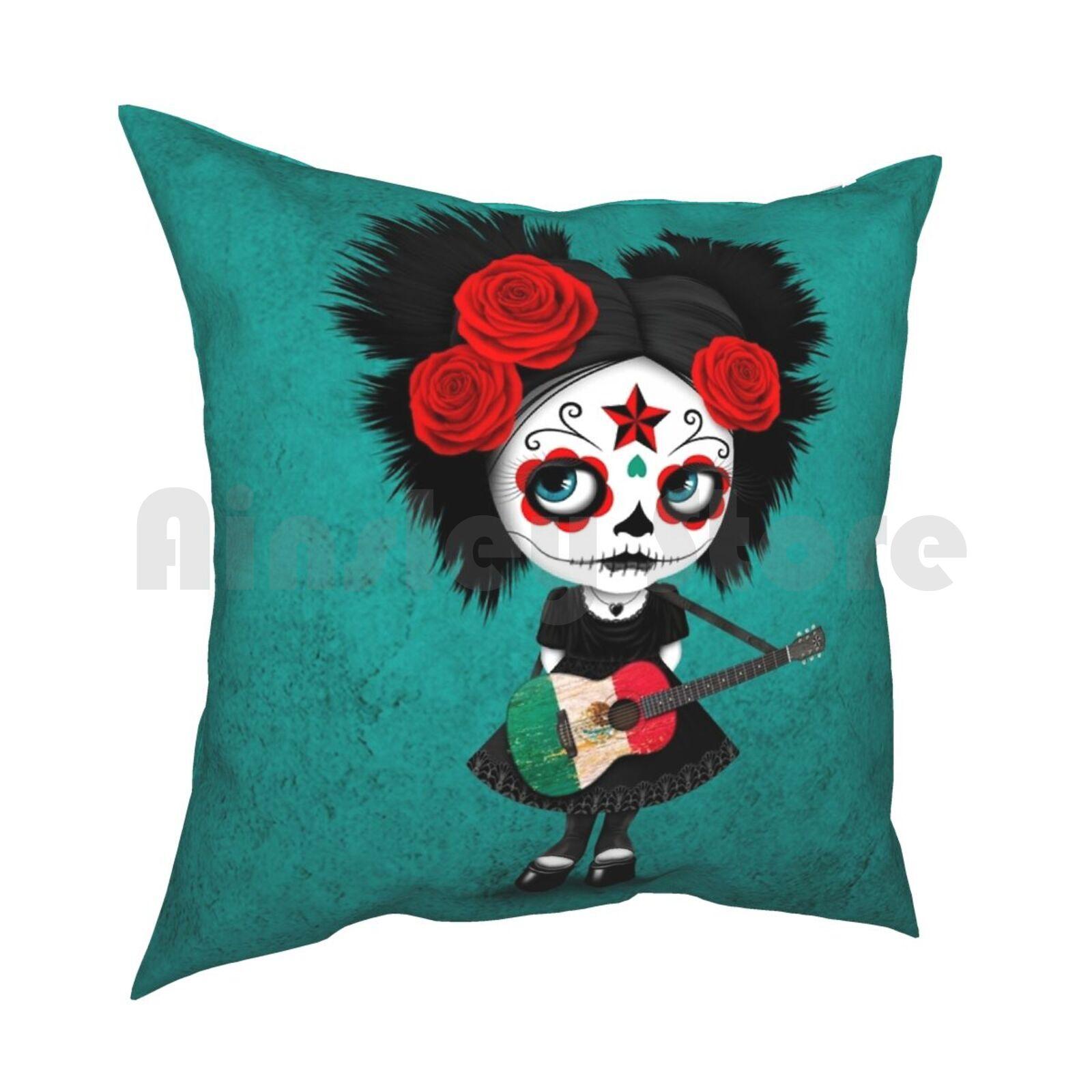 Sugar Skull Girl Playing Mexican Flag Guitar Pillow Case Printed Home Soft DIY Pillow Cover Day Of The Dead Girl Mexican 30x30cm 12x12in