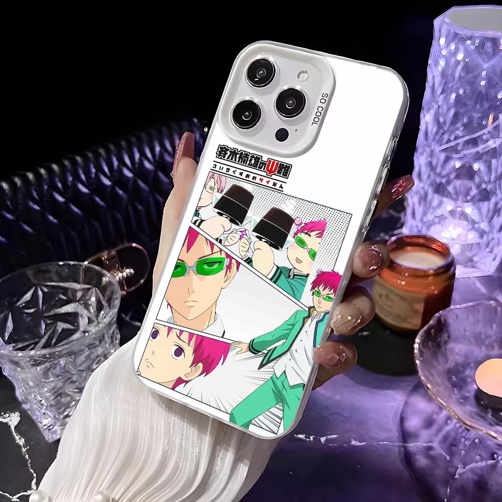 

Anime S-Saiki Kusuo Phone Case For iPhone 16 15 14 13 12 11 Pro Max White Matte Laser Metallic Aurora Funda iPhone14pro