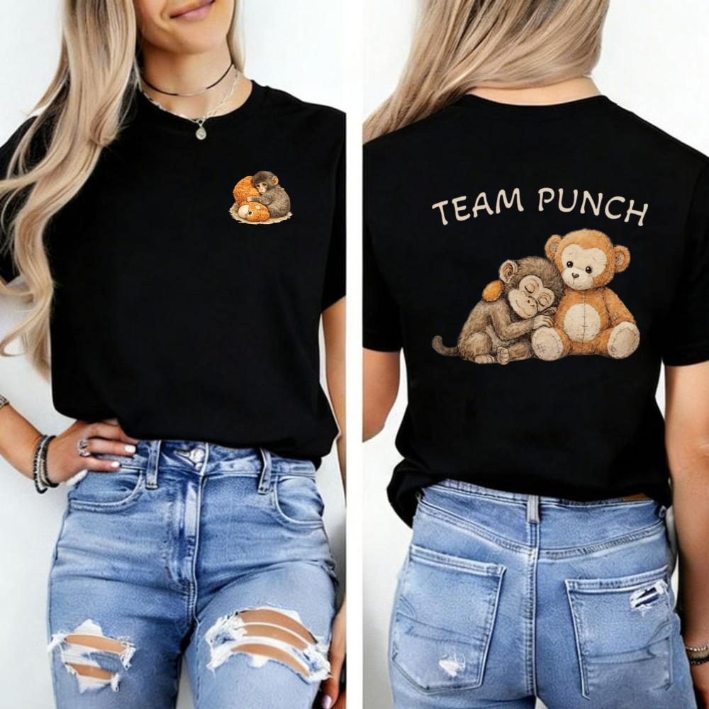 Team Punch Hugging Plush Front Tshirt Punch Monkey Shirt Viral Macaque Cozy Nostalgic Casual Tops Y2k Top Graphic T Shirts