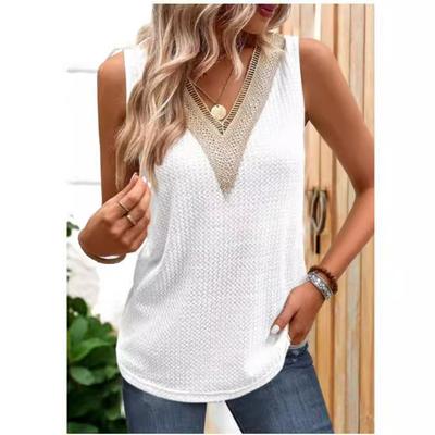 Sommer Einfarbiges Freizeitshirt Locker V-Ausschnitt Spitze Ärmellose Weste Damen T-Shirt