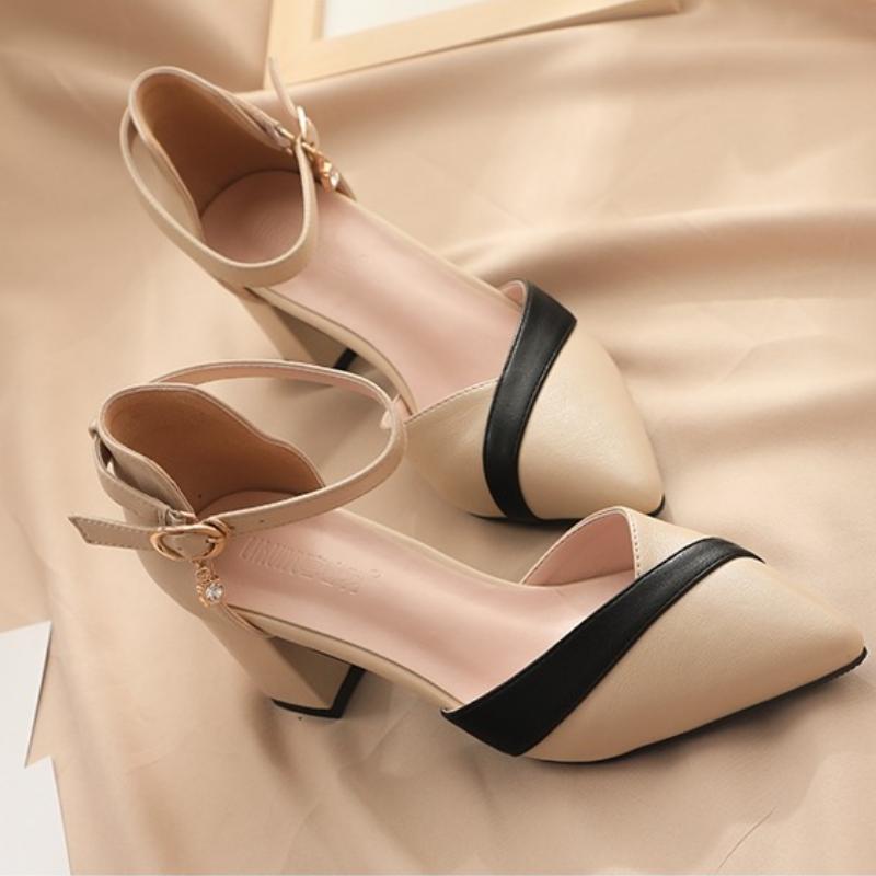 Women's Classic Beige Square Heel Pointed Shoes for Party Ladies Spring Summer Black Buckle PU Leather Profession Pumps