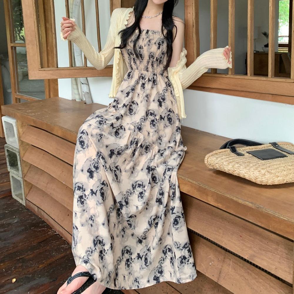 Japanese Rose Retro Floral Suspender Skirt New Temperament Waist Dress Summer French Hepburn Style Long Dress
