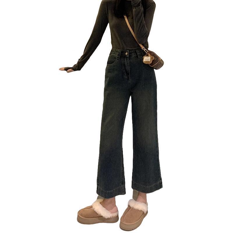 Women's Plus Size High Waist Retro Wide Leg Jeans - Petite Loose Fit, Nine-Point Length for Autumn